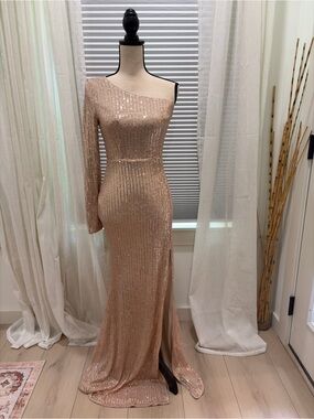 One-Shoulder Sequin Evening Gown in Champagne